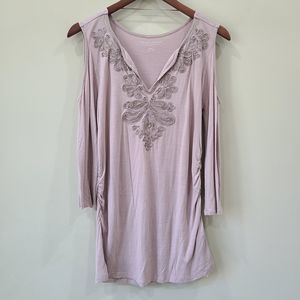 Soft Surroundings Womens Tunic Top Size XS Tan Boho Embelished Cold Shoulder